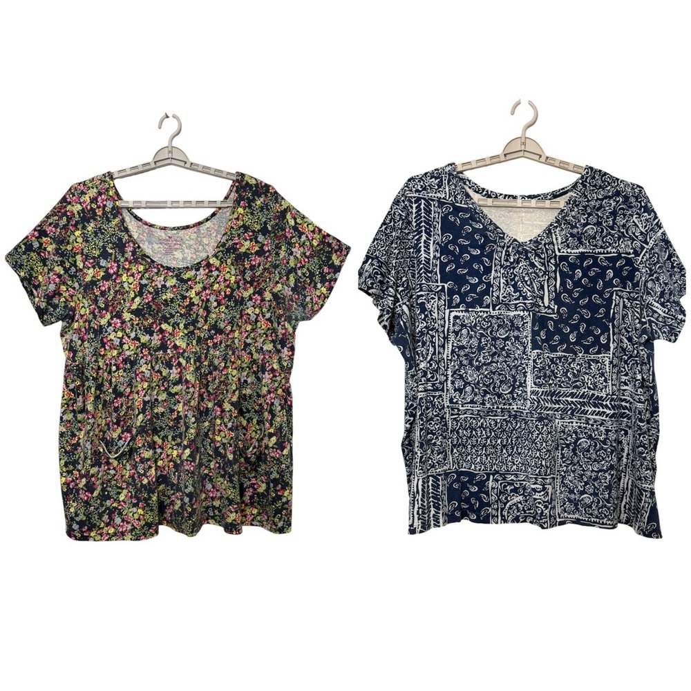 Woman Within Short Sleeve‎ Tops Multi Bandana Floral Print Lot of 2 Shirts 3X